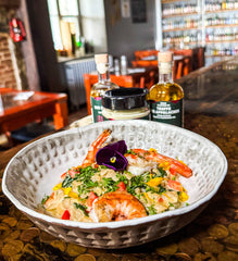 Nouilles aux œufs Hongroises* et crevettes grillées, en collaboration avec Chef Isabelle Dupuis de la Microbrasserie Le Presbytère