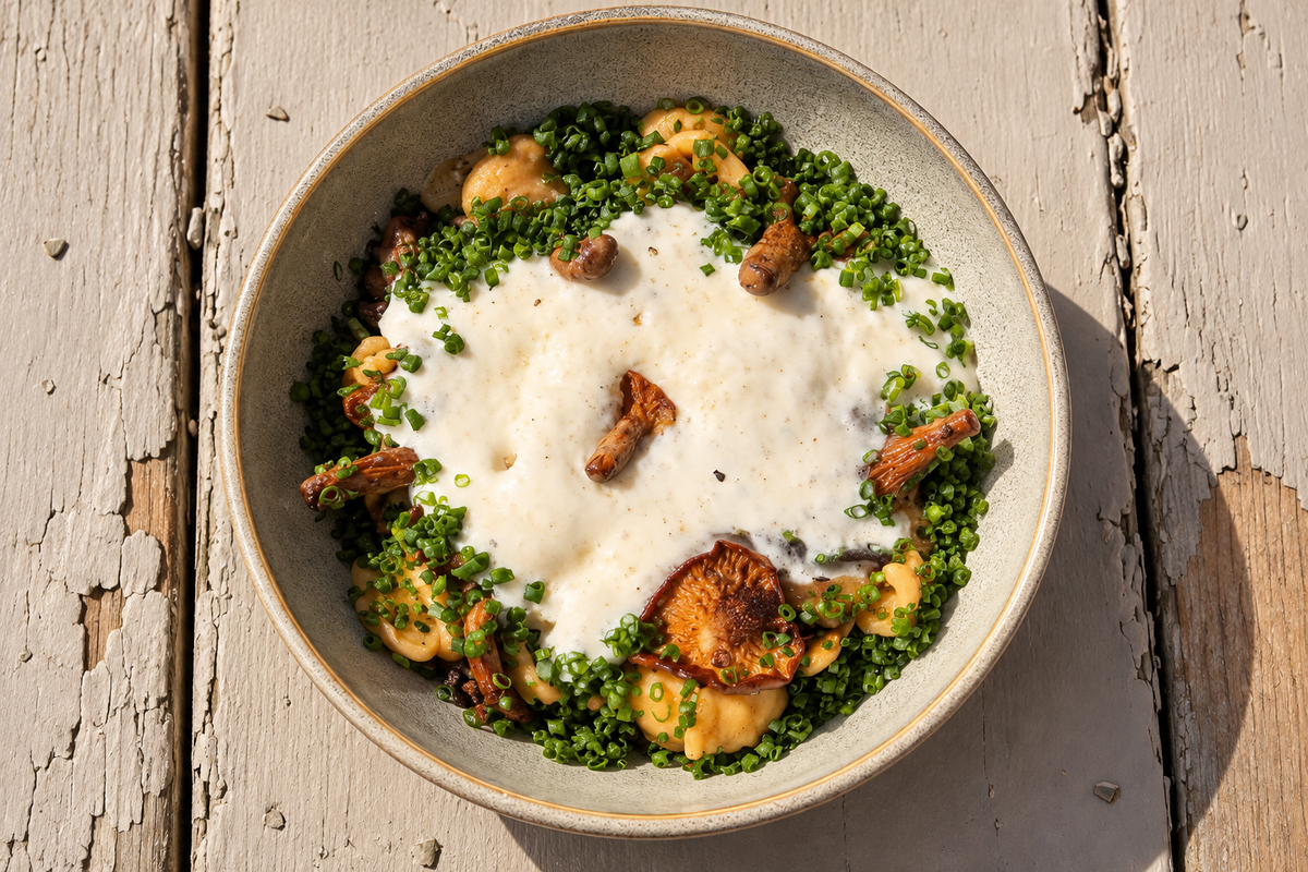 Pâtes crémeuses aux champignons, beurre noisette et espuma de fromage par Samuel-Soif de bouffe